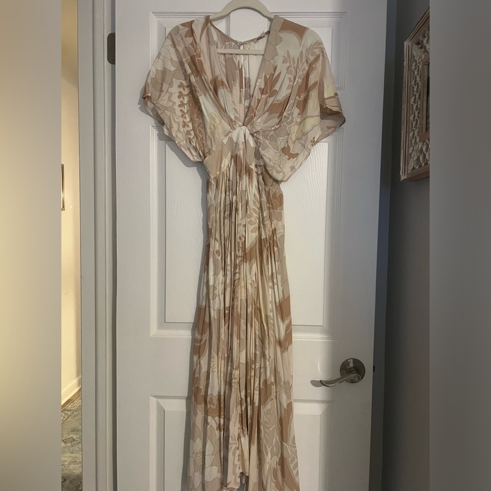 Olivaceous Cream and Tan Leaf Print Maxi Dress